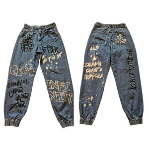 S.O.N.G. Graffiti Jogger Jeans Women 7/28 Blue Denim Streetwear Art Wear Inspire